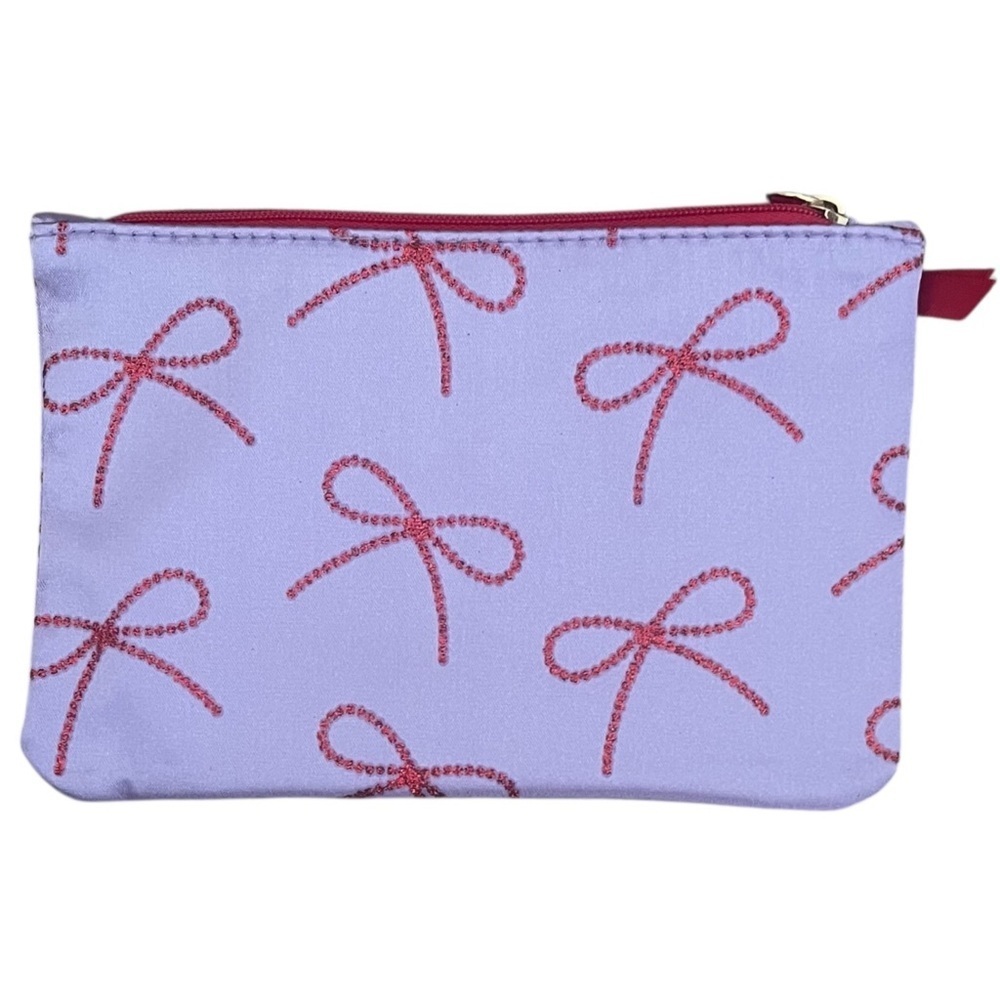 Ipsy NWOT makeup Glam bag light purple red ribbon detail December 2025